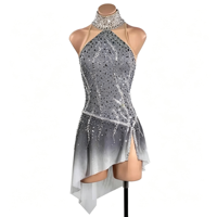 Costume de patinage artistique pour enfants et adultes, robe en maille sans manches à col halter gris argenté dégradé avec strass étincelants pour spectacle sur glace