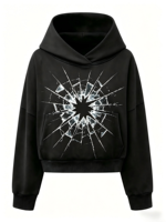 Sweat à capuche unisexe vintage délavé noir avec imprimé verre brisé, coupe classique, streetwear d'hiver ODM