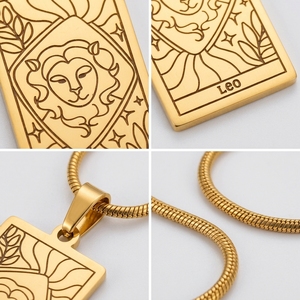 Nuova Collana con Ciondolo Rettangolare Inciso dei 12 Segni Zodiacali in Oro 18K PVD, Catena in Acciaio Inox, Regalo a Tema Astrologico - Product Image 3