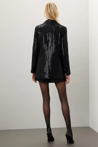 <span class=keywords><strong>Veste</strong></span> blazer pour femmes OEM personnalisé petit quantité minimale de commande revers cranté manches longues noir à sequins simple boutonnage sur mesure pour le travail d'affaires - Product Image 4