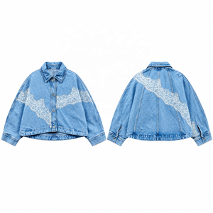 Veste en jean vintage pour femme avec applique en dentelle florale, manteau décontracté bleu printemps - Product Image 2