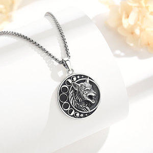 Merryshine in argento Sterling 925 fase lunare nordico lupo celtico e luna uomini Witcher vichella testa di lupo collana pendente per gli uomini - Product Image 4