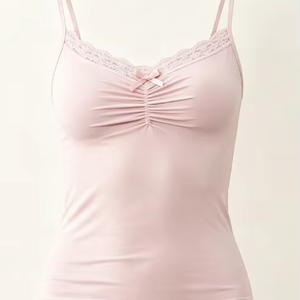 Women Pink V Neck <strong>Silky</strong> Camisole <strong>Top</strong> With Front Bow Spaghetti Strap Ruched Bust Lace Trim Sleeveless Fitted Casual <strong>Tops</strong> - Product Image 1