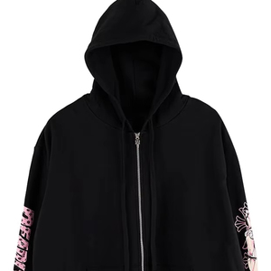Felpa con cappuccio con motivo a tema Punk stile scuro a tema rosa con motivo Zip con motivo artistico di personalità decorata felpa nera con cappuccio - Product Image 2