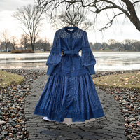 4654 Winter Vintage Tunika Lässiges Maxikleid für Damen Laternärmel Empire-Taille Stickerei Spitze Umweltfreundlich A-Linie Schwarz Weiß