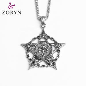 Colgante Masónico de Calavera con Pentagrama de Acero Inoxidable, Joyería de Moda Gótica Punk Vintage Oculta Mística de Acero de Titanio para Hombre - Product Image 1