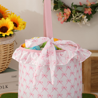 Panier de Pâques rose avec nœud et bordure à volants, grande capacité, sac de chasse aux œufs, seau à bonbons de Pâques, seau cadeau de Pâques pour fête d'enfants