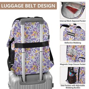 Zaino da 37L personalizzato con design floreale lavanda, in poliestere, impermeabile, per studenti universitari, con cintura per bagaglio, per ragazze. - Product Image 4