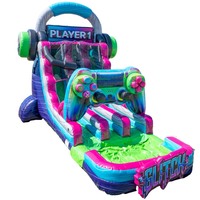 Château gonflable Glitch Gamer avec toboggan aquatique, thème manette de jeu, combo gonflable avec toboggan