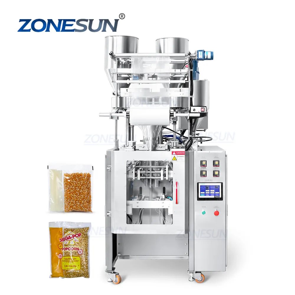 ZONESUN ZS-FS01 सॉस पेस्ट और पॉपकॉर्न VFFS दाना पैकिंग मशीन पॉपकॉर्न पाउच भरने सील मशीन