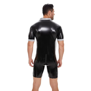 Mono erótico de cuero sintético brillante para hombre, con cremallera en la entrepierna, manga corta, cuello de solapa, ajustado y elástico, ideal para verano. - Product Image 4