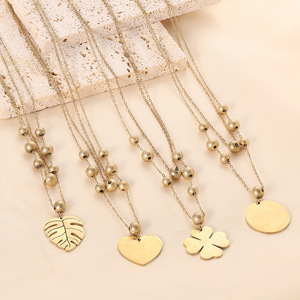 Collar de doble capa con forma de hoja de corazón, chapado en oro de 14 quilates, cadena de acero inoxidable para clavícula, para mujer, regalo diario, joyería. - Product Image 5