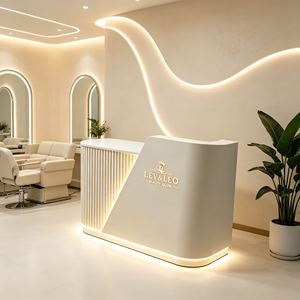 Modern Curved LED <b>Reception</b> <b>Desk</b> Custom Logo Beauty <b>Salon</b> Front Counter Cream White Ribbed Design Spa Hair <b>Salon</b> <b>Reception</b> Table - Product Image 1