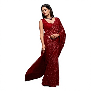 Luxury <b>Red</b> Sequin Saree Heavy Maroon Sequence Work Georgette Sari Designer Indian Wedding Wear Party Wear Sarees With <b>Blouse</b> - Product Image 1