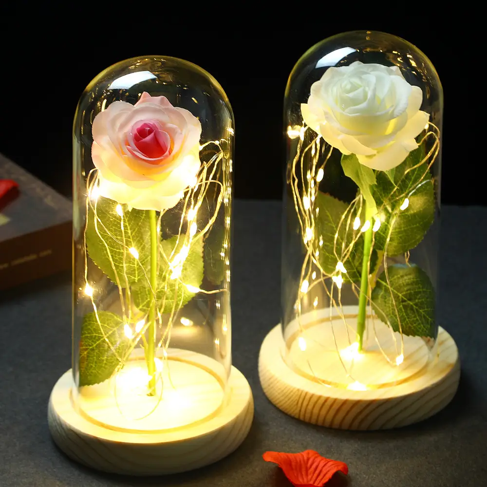Realistische Textur Rose Schöne und das Biest Rose in Glaskuppel Led-Blume für Valentinstagsgeschenk und Müttertagsgeschenk