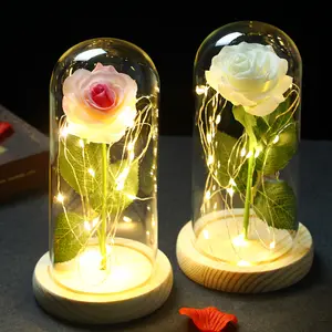 Texture réaliste Rose Belle et la Bête Rose en dôme de verre Led Fleur pour cadeau de Saint-Valentin et cadeau de fête des mères