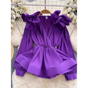 Blus Wanita Elegan Warna Pink dengan Lengan Ruffle - Atasan Lengan Balon Berlipit untuk Pesta & Pakaian Kasual - Product Image 2