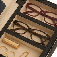 Boîte de rangement pour lunettes en cuir PU noir de luxe, 3 emplacements, organiseur de voyage portable pour lunettes, bijoux et petits objets essentiels