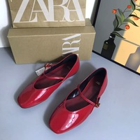 Chaussures plates Mary Jane en cuir verni rouge pour femme ZA, nouvelle collection printemps 2026, style ballerines à talon bas, chaussures françaises
