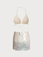 Maillots de bain pour femmes en tissu RPET sur mesure, sans dos, avec nœud, texture scintillante, style halter triangle, haute qualité, vente en gros