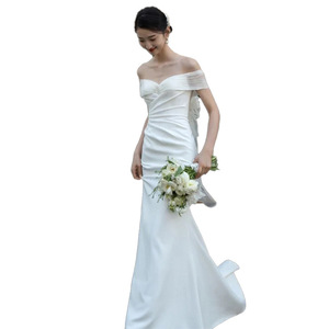 Off The Shoulder Sweetheart Neckline Mermaid Wedding Dress White Satin Simple Forest Style With Short Train For Coming Of Age - Product Image 5
