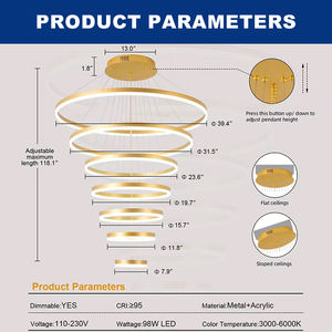 Iluminación personalizada para sala de estar, proyecto de hotel, candelabro de techo moderno redondo de aluminio y hierro, lámpara colgante de anillo circular Led - Product Image 2