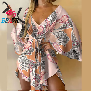 Nuevo Estilo Vestido de Fiesta Irregular con Estampado Floral de Verano, Manga 3/4, Elegante y Sexy para Mujer, Cuello en V, Holgado, con Cordones y Cinturón - Product Image 5