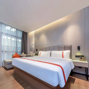 Modern Wooden Base King <b>Queen</b> <b>Size</b> <b>Bed</b> <b>Frame</b> with Integrated Soft Headboard & Nightstand For 3 Star Hotel Bedroom Furniture Sets - Product Image 1