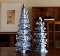 Vase pagode en céramique bleu et blanc, fait main, style chinois traditionnel, vase à fleurs en porcelaine pour la décoration de la maison