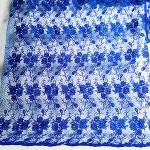 Royal Blue Corded Floral Sequin Lace Embroidered Metallic Tulle with Sequin <strong>Embellishment</strong> - Product Image 3