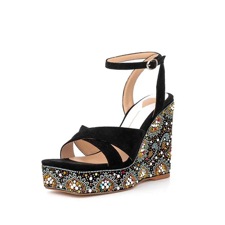 Sexy wedges super high heels waterproof platform open toe sandals flower rhinestone flat sandals wedges ladies shoes