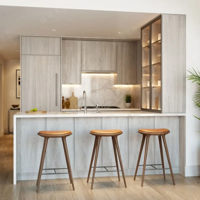 Полная современная открытая кухня SUOFEIYA, дизайн квартиры, деревянный <span class=keywords><strong>шпон</strong></span>, кухонный шкаф