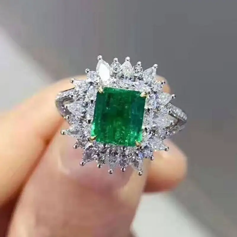 Huitan Wholesale Luxury Gemstone Women's Stone 925 Silver Plated Geometric Zircon Crystal Ring Lady Buy Rings in Bulk