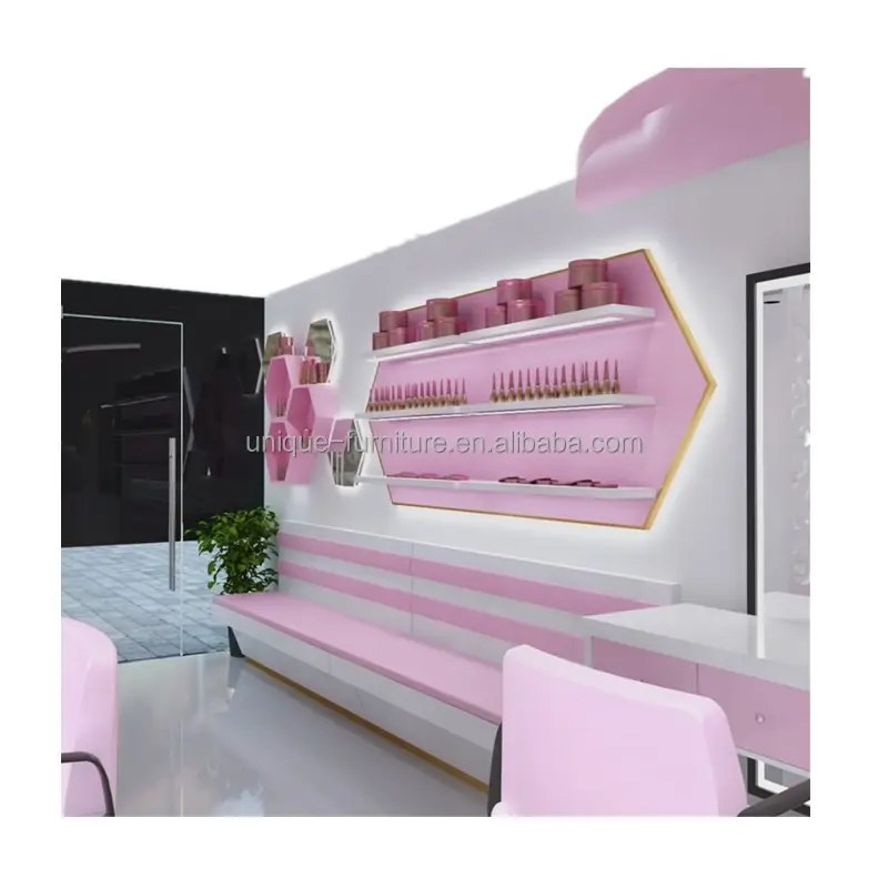 Stand de maquillage rose pour enfants, boutique de beauté populaire, meubles de barbier, salon de beauté, pour sourcils, salon de maquillage, avec conception d'armoire murale