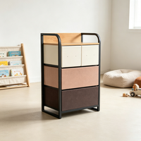 Table de chevet de style japonais moderne avec 4 tiroirs en tissu, commode de rangement, cadre métallique incurvé, table de nuit avec plateau en bois pour la maison et la chambre