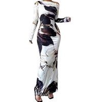 Gaun panjang motif bunga, baju bahu asimetris desain bunga ramping elegan musim semi musim gugur