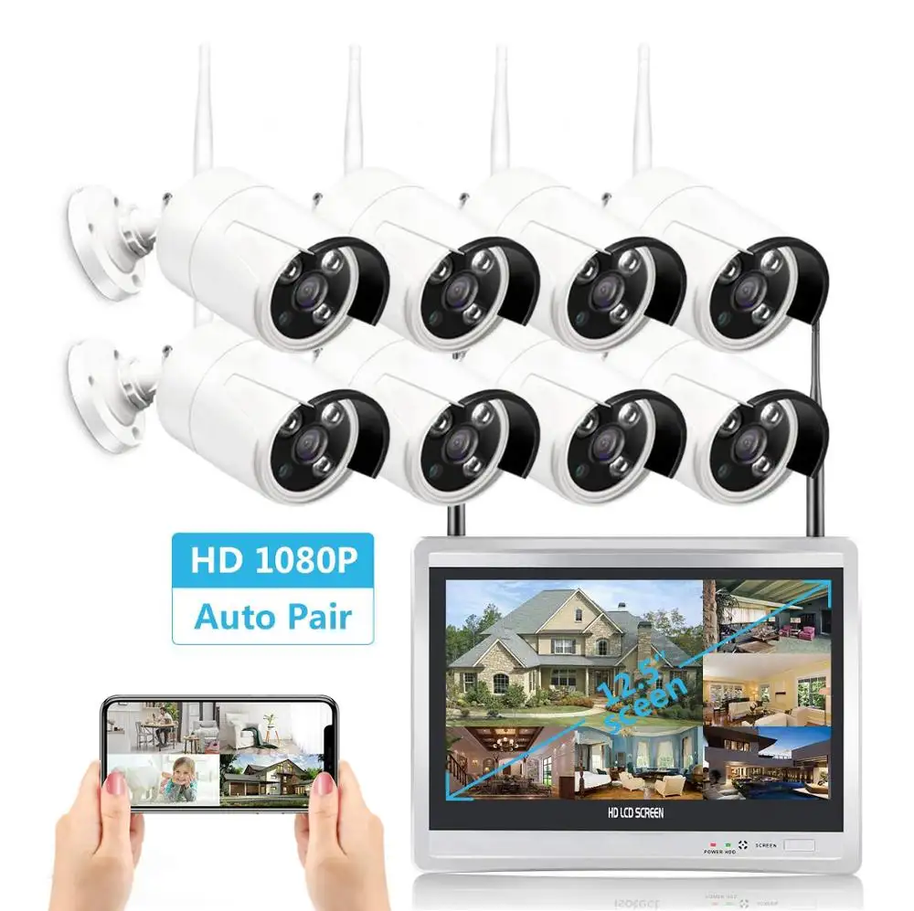 1080P Wireless Security Camera System with 8CH NVR 12 inch LCD Monitor and 8Pcs Outdoor/Indoor WiFi Surveillance Cameras