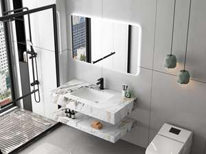 Meuble de salle de bain moderne personnalisable de haute qualité avec panneau en pierre, miroir <span class=keywords><strong>LED</strong></span>, lavabo, armoire de coin triangulaire, miroir de salle de bain, combinaison de meuble-lavabo - Product Image 5