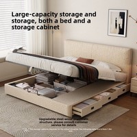 Lit Conteneur Bas Moderne Minimaliste en Chêne Massif Ultra-Fin Italien avec Cadre en Bois et Rangement en Chenille Flanelle, Lit Double Queen pour Chambre à Coucher