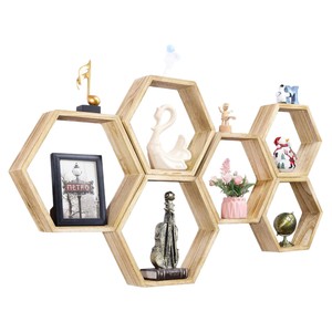 Estante de pared hexagonal de madera, modular, geométrico, para almacenamiento y exhibición, para dormitorio o sala de estar - Product Image 1