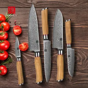 Shieryue Bộ Dao Thép Damascus Lõi VG10 Thiết Kế Theo Yêu Cầu Của OEM Bán Chạy Gỗ Ô Liu