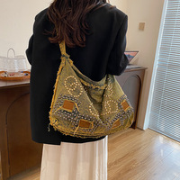 Sac bandoulière rétro américain vintage 2026 grande capacité avec rivets - Sac à bandoulière en jean tendance pour femme décontractée