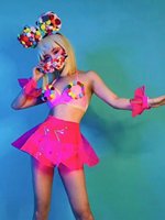 Ensemble jupe mini en polyester couleur bonbon avec pompons et bandeau oreilles de Mickey - Costume de danseuse pour scène, boîte de nuit, bar Gogo pour adulte