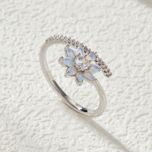 Flower Shaped Ring With Opal And Diamond Pave Setting Adjustable For Women's Fashion Jewelry Gift - Product Image 4
