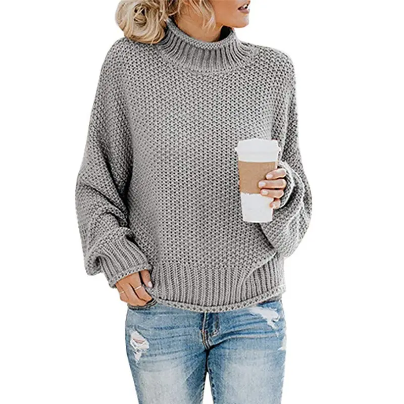 Coldker-suéter informal tejido de manga larga para mujer, Jersey de punto liso con cuello alto