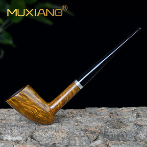 Muxiang Tobacco Pipe Italian Briarwood Bent Shape Silver Ring Long Stem Acorn Design - Product Image 1