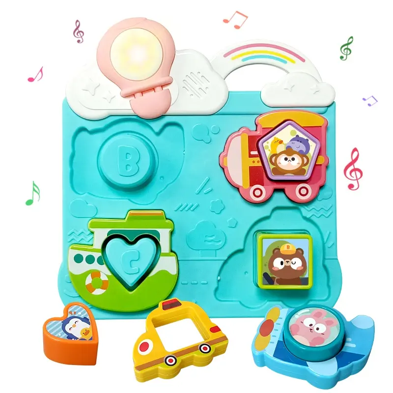 유아를위한 노래와 조명이있는 2 in 1 아기 교육 차량 테마 퍼즐 및 모양 분류기 장난감 아기 손 미세 모터 놀이
