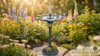 Estación de Baño para Pájaros Solar Tres en Uno con Comedero Pintado, Jardinera Inferior, Luz LED y Decoración de Jardín Exterior Resistente a la Intemperie