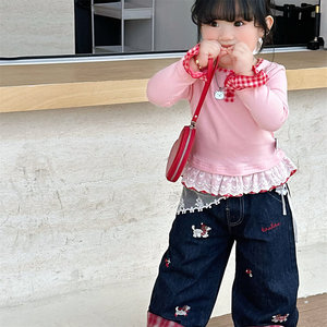 Girls' Pink Long Sleeve Tops With Ruffle Hem Breathable Spring Autumn Base Layer Clothes For Baby Girls - Product Image 3