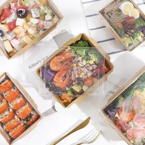 Custom wholesale disposable kraft paper transparent lid sushi takeout packaging fast food bento salad anti fog box